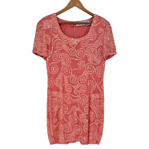 Oleg Cassini Black Tie Peachy Pink Sequin Beaded Mini Dress Embellished size 12 - Picture 1 of 14